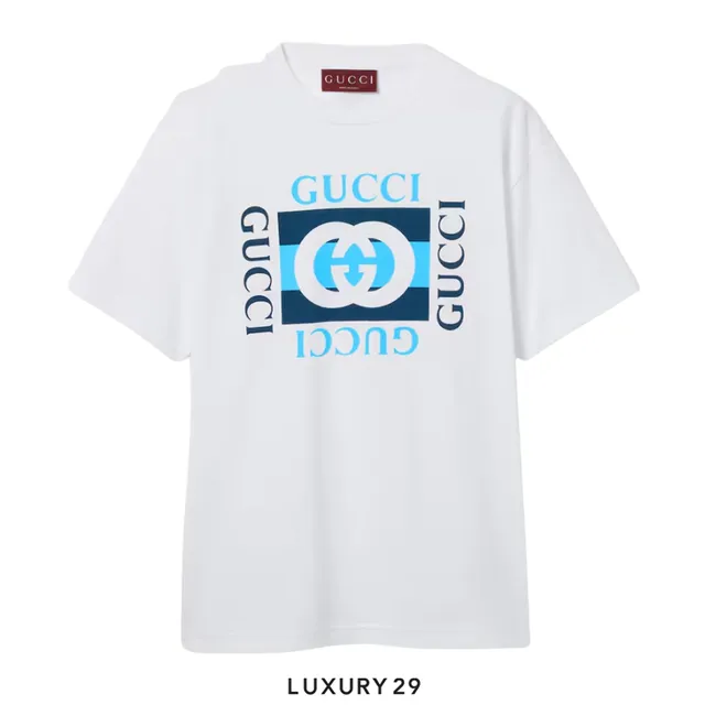 Gucci Printed cotton jersey T-shirt Gucci Interlocking G striped print White/Blue