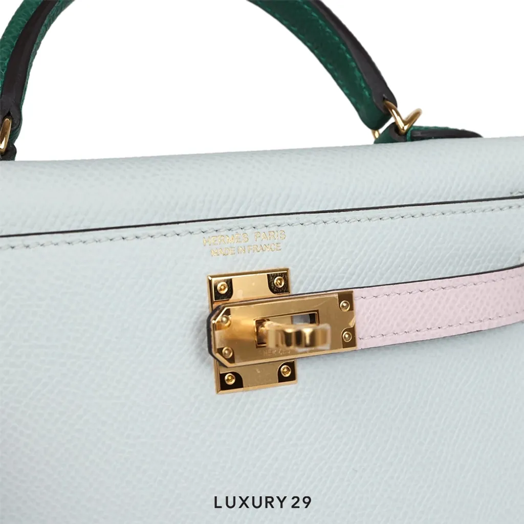 Hermes Kelly Sellier 20 Tri-color Gris Platine, Mauve Pale and Vert Moyen Epsom Gold Hardware(Mini, Grey)