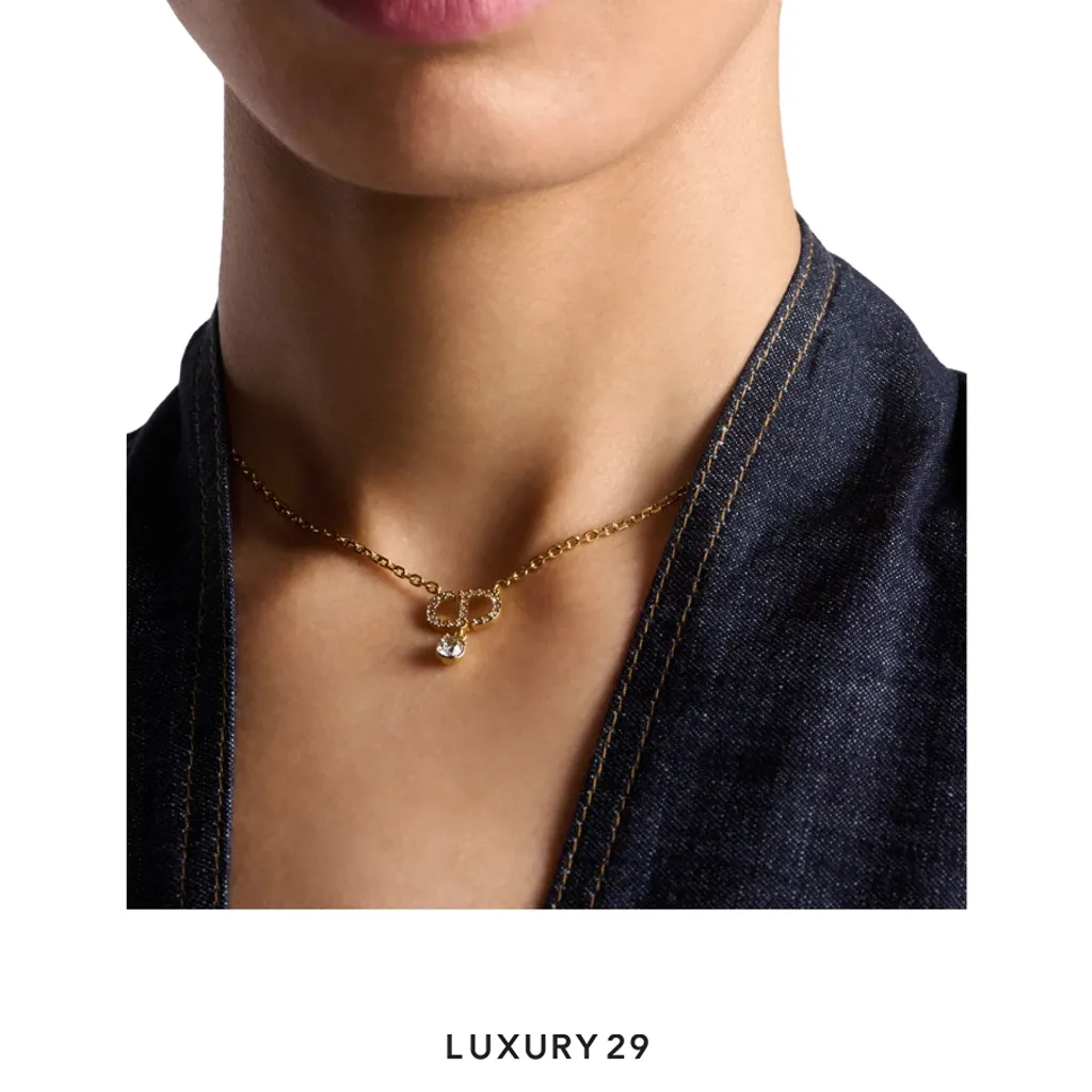 Dior Petit CD Necklace Gold-Finish Metal and White Crystals(Free Size, Gold)
