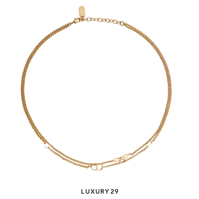 Dior CD Mini Bow Necklace Gold-Finish Metal and White Resin Pearls