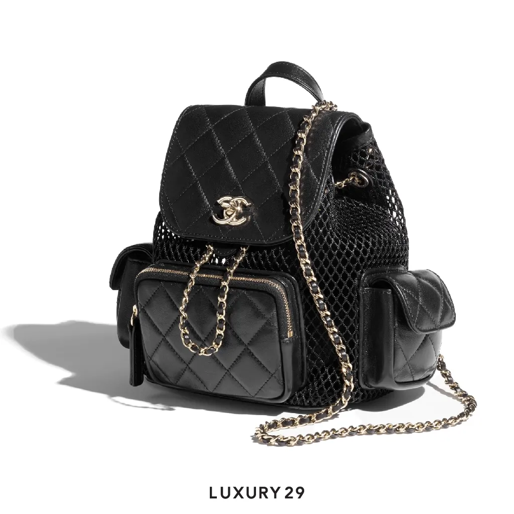 Chanel Backpack Mesh Shiny Lambskin & Gold-Tone Metal Black(Small, Black)