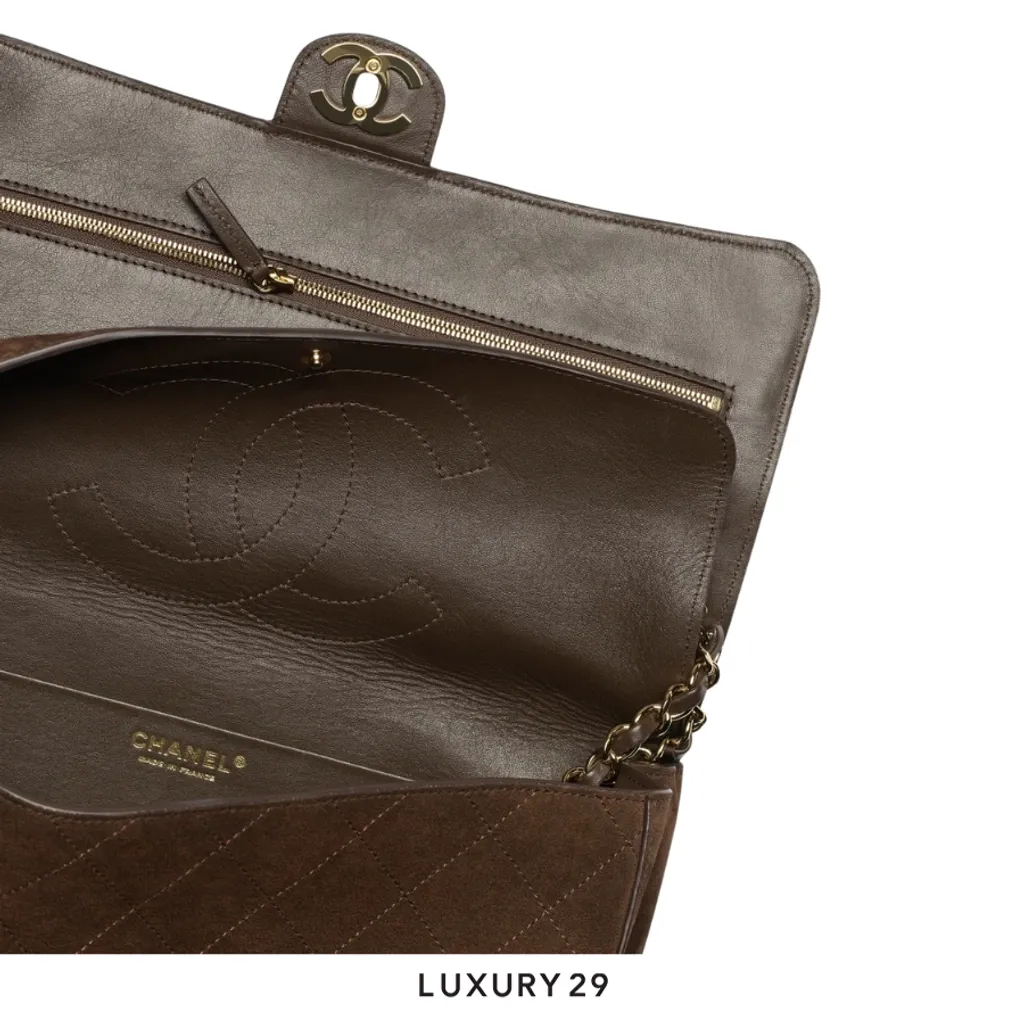 Chanel Spring Summer 2026 Maxi Flapbag Suede Calfskin & Gold Metal Dark Brown(Small, Brown)
