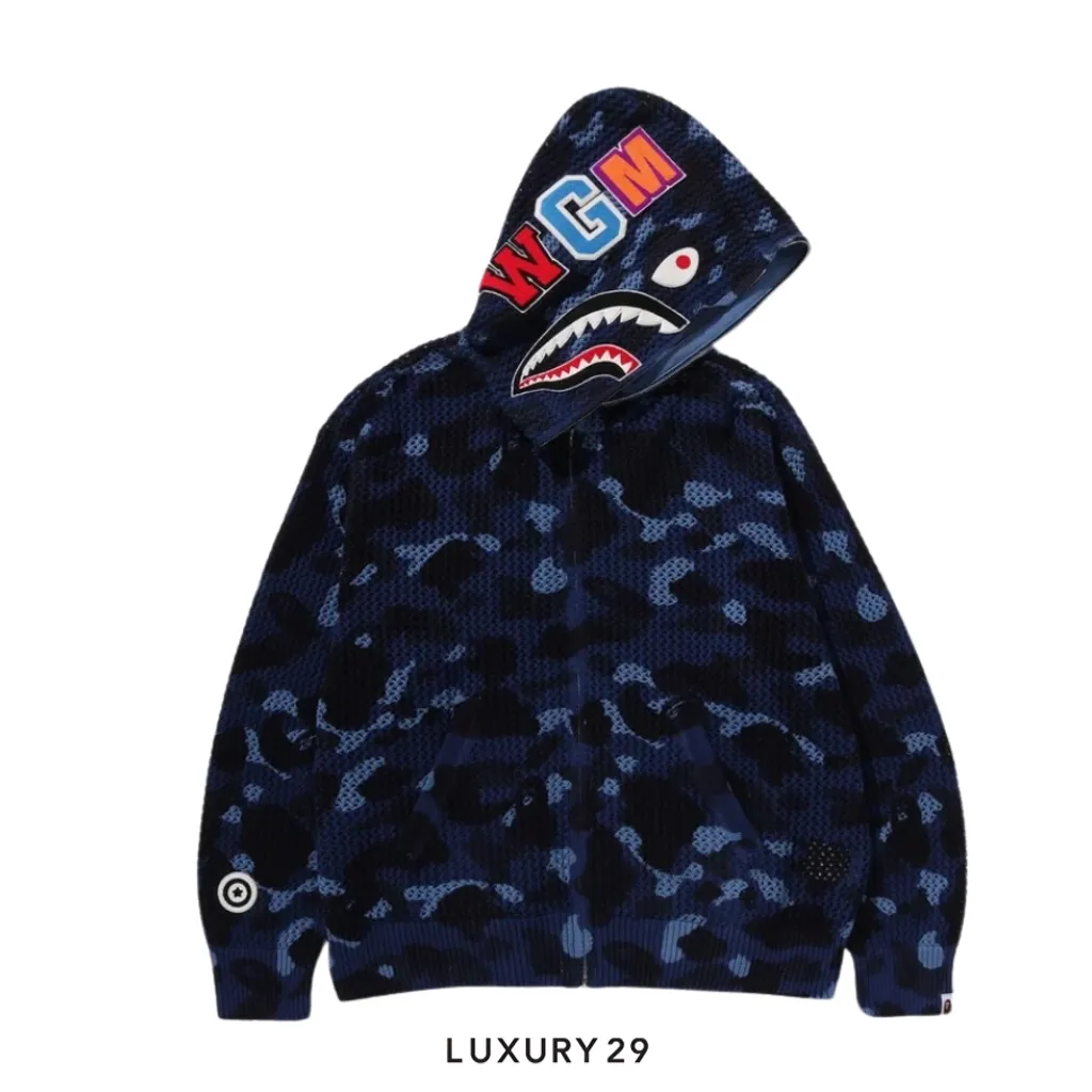 A Bathing Ape COLOR CAMO CROCHET RELAXED FIT SHARK FULL ZIP HOODIE Blue(2XL, Blue)