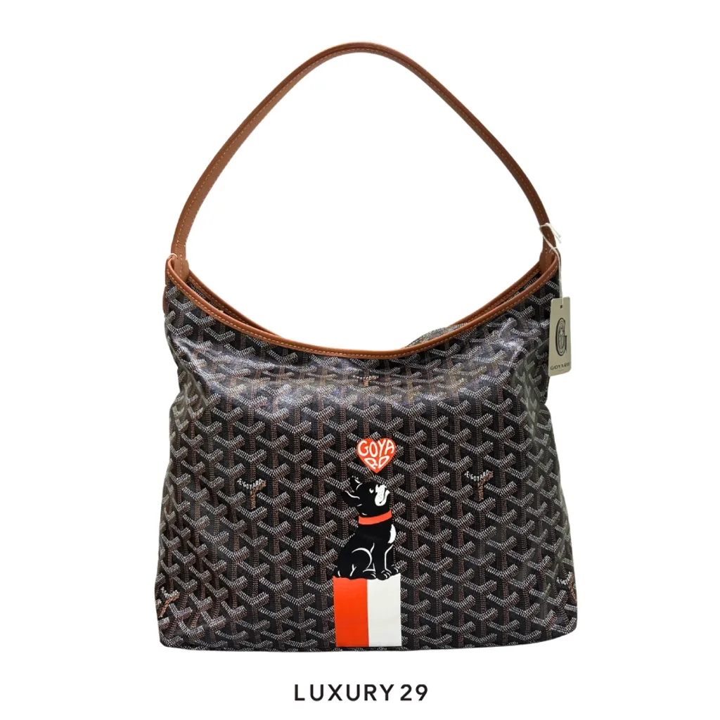 Goyard Boheme Hobo Bag Black & Tan Hand-Paint Dog with Heart Orange(Small, Brown)
