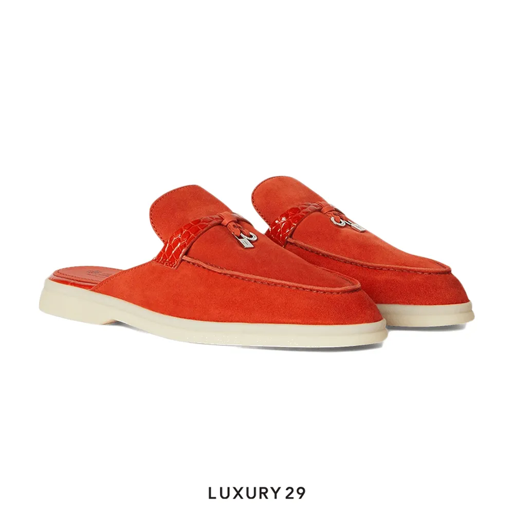 Loro Piana Nautical Charms Walk Babouche Loafers Suede Orange Flame(39, Orange)