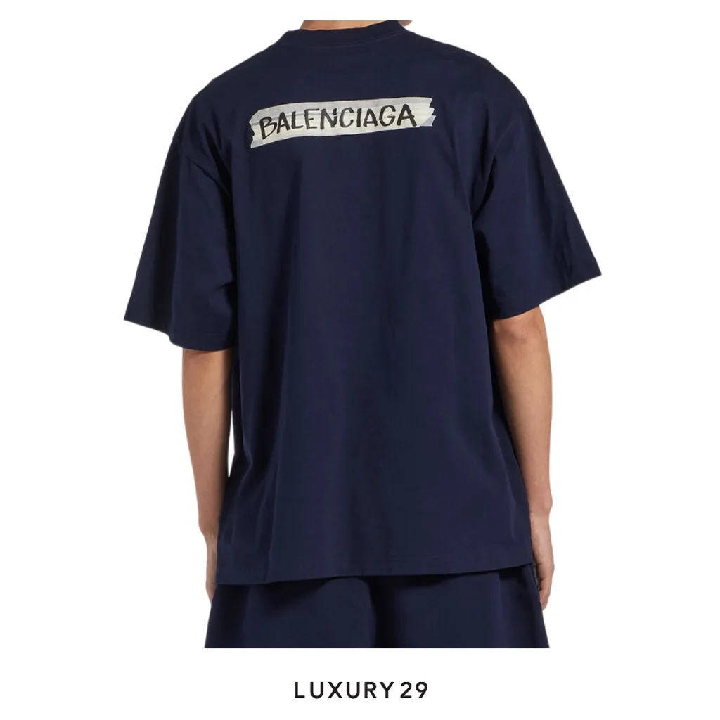 Balenciaga Men's Masking Tape Medium Fit T-shirt in Navy(M, Blue)