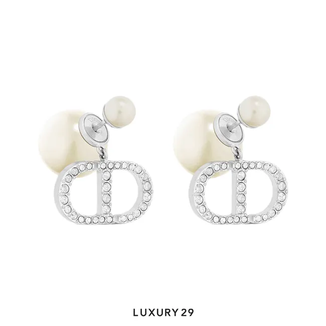 Dior Tribales Earrings Silver-Finish Metal with White Resin Pearls and Silver-Tone Crystals