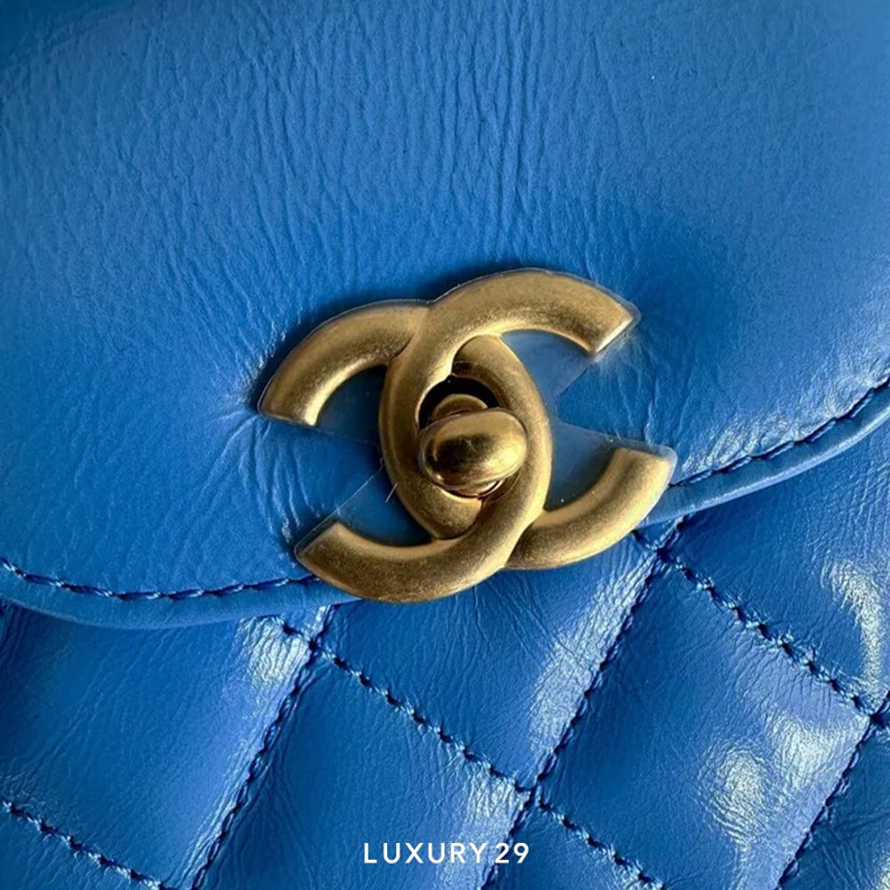Chanel Mini Shopping Bag In Shiny Aged Calfskin With Gold-Tone Blue(Mini, Blue)
