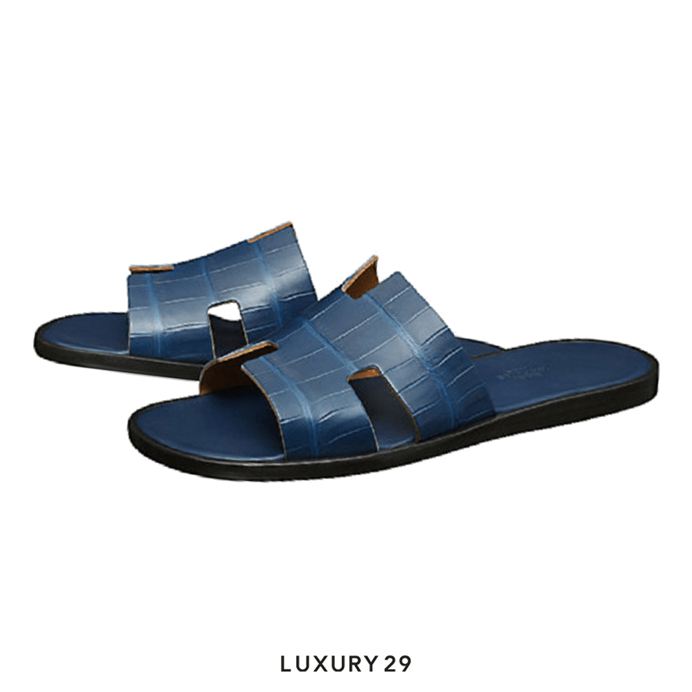 Hermes Izmir Crocodile Slides Blue Crocodile(44, Blue)