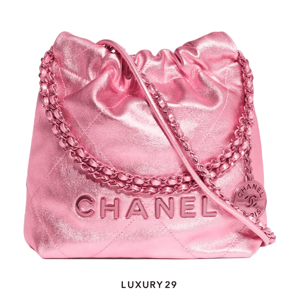 【エレガント★25c】CHANEL 22 ミニ バッグ メタリック CHANEL 22 Mini Handbag Metallic Lambskin & Lacquered Metal Pink
