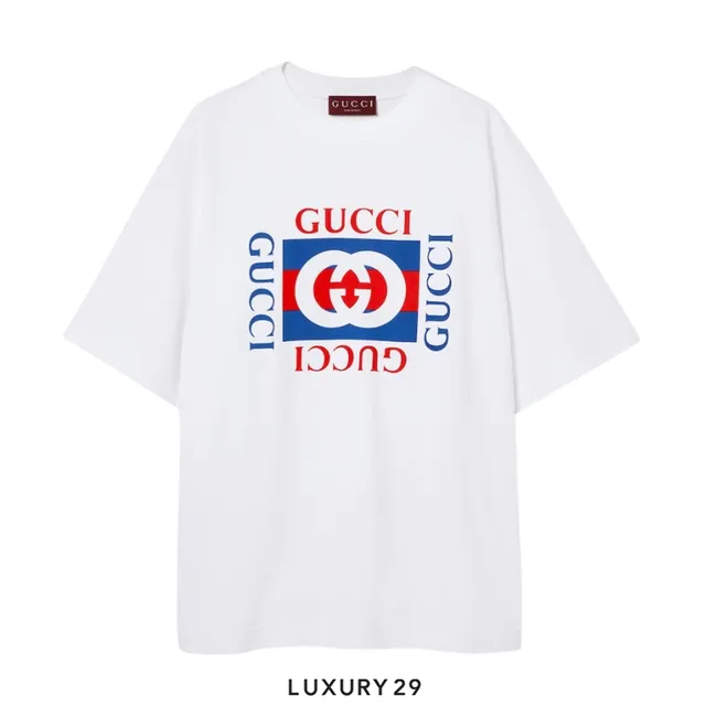 Gucci Cotton jersey T-shirt with Gucci print Gucci Interlocking G striped print White/Blue/Red