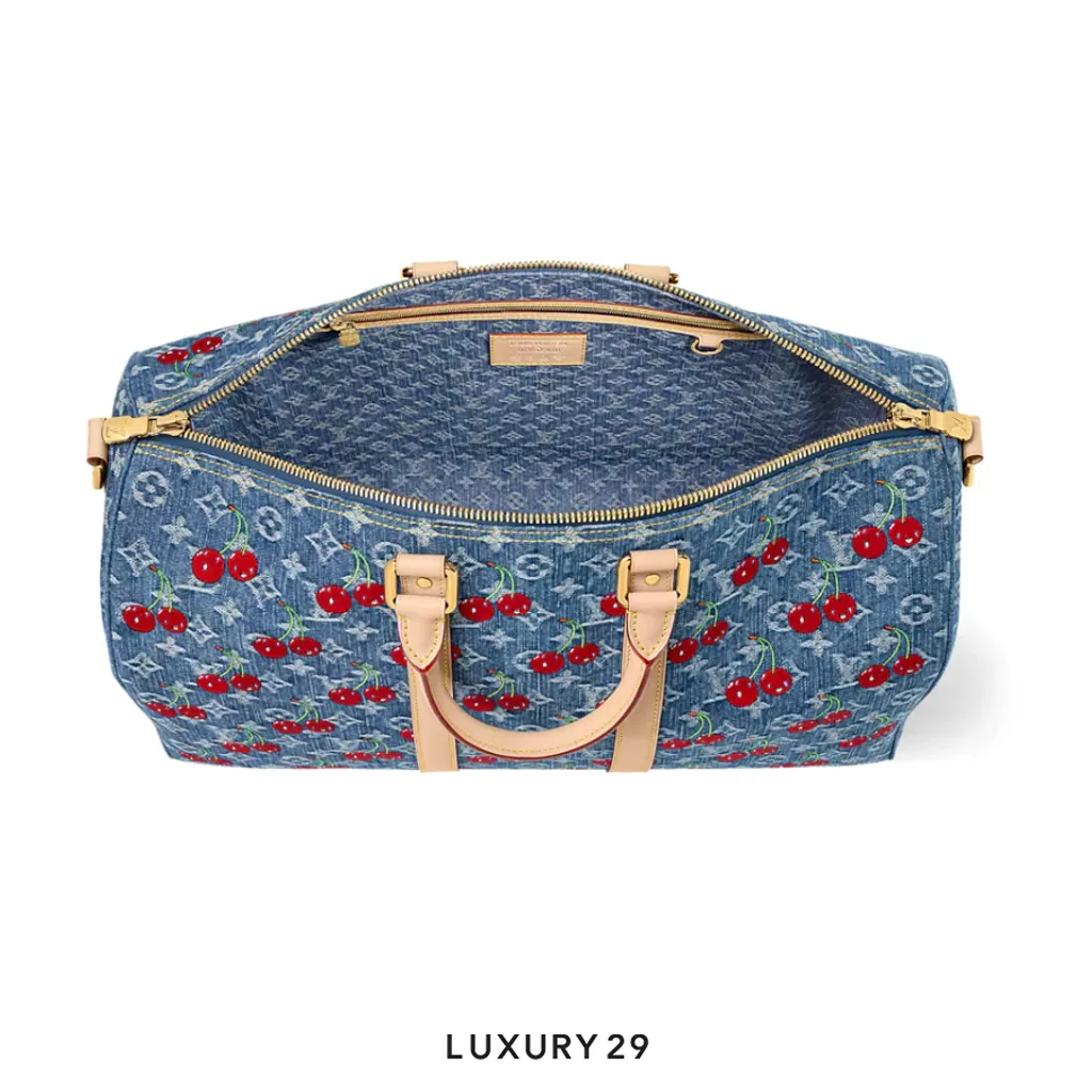 Louis Vuitton LV x TM - Keepall Bandouliere 45 Bag Monogram cherry denim Blue(Large, Blue)