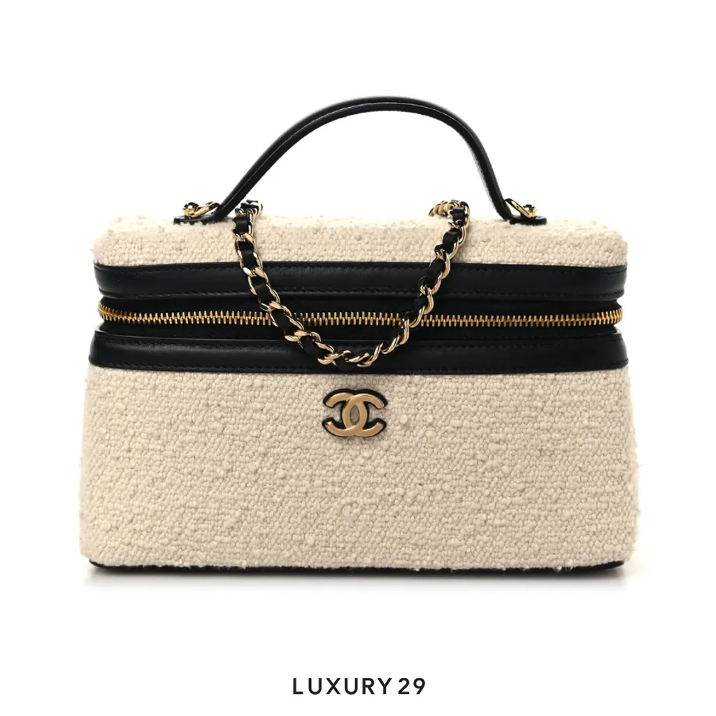 Chanel Boucle Calfskin Top Handle Slim Vanity Case With Chain Ecru Black(Small, Neutrals)