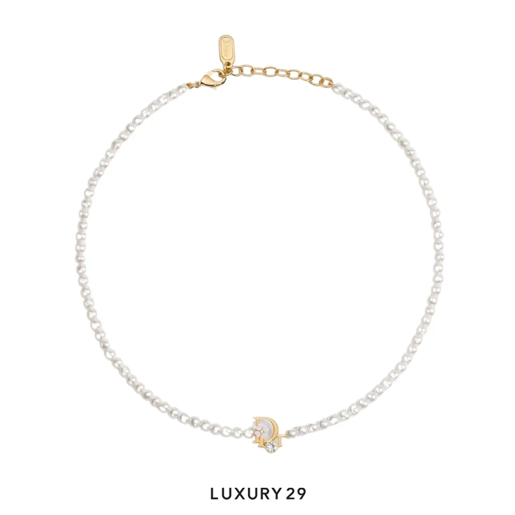 Dior Precious Clover Necklace Gold-Finish Metal, White Resin Pearls, Crystals and Pink Lacquer(Free Size, Neutrals)