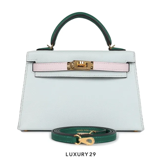 Hermes Kelly Sellier 20 Tri-color Gris Platine, Mauve Pale and Vert Moyen Epsom Gold Hardware