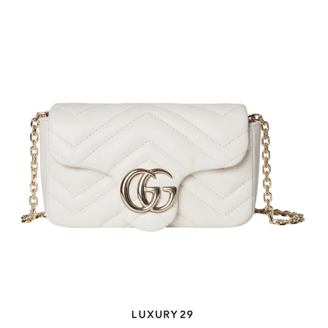 Gucci GG Marmont mini shoulder bag White matelasse chevron lambskin leather Double G Logo Gold Hardware White