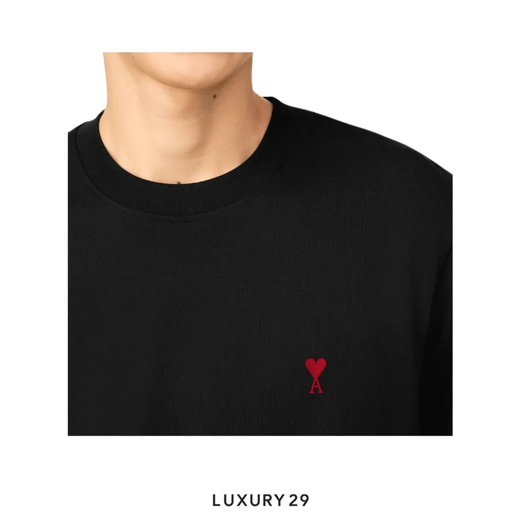 Ami Paris Logo Embroidered T-Shirt Black(L, Black)
