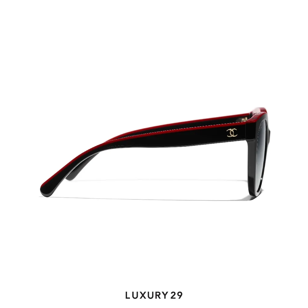 Chanel Square Eyeglasses Acetate Black & Red(Free Size, Black)
