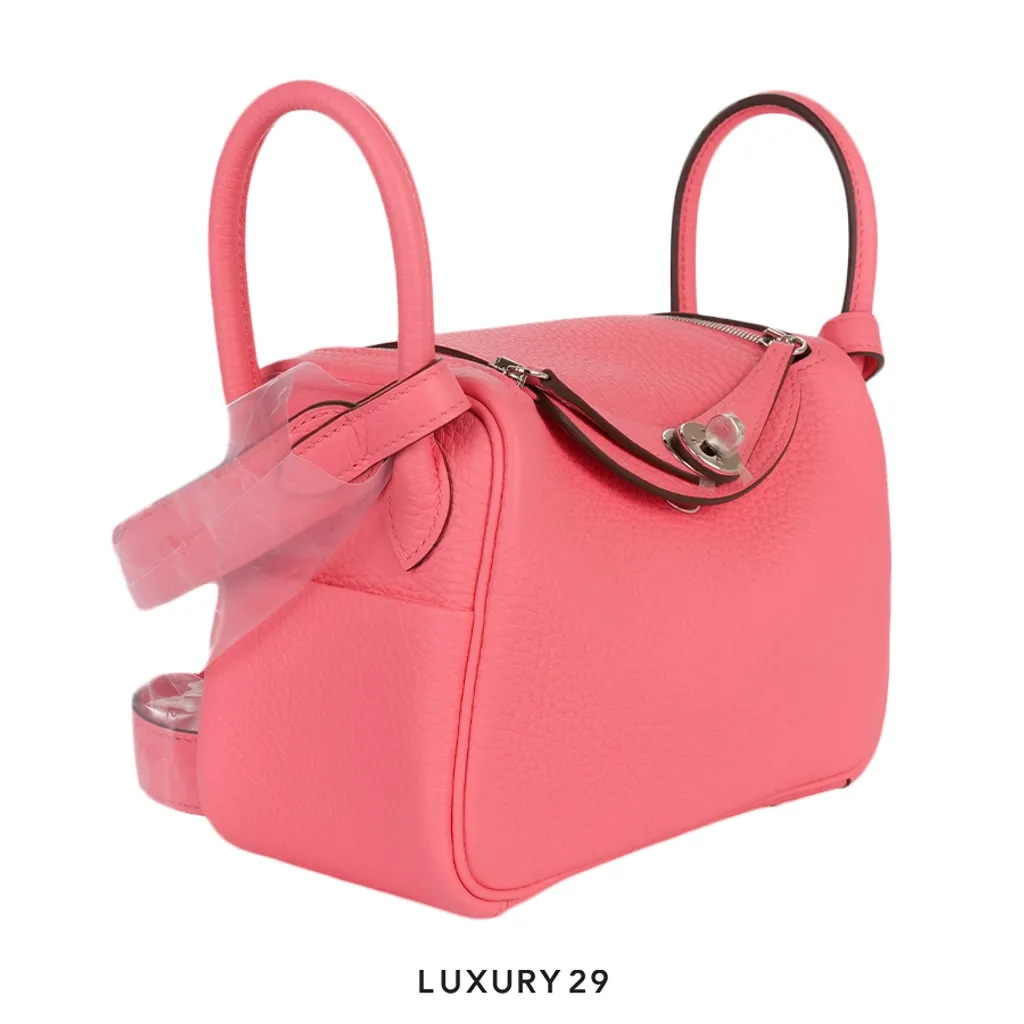 Hermes Lindy Mini II Taurillon Clemence Palladium Hardware Rose Azale(Mini, Pink)