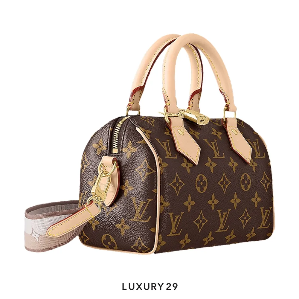 Louis Vuitton LV Speedy Bandouliere 20 Bag Natural Cowhide Leather Trim Monogram Coated(Small, Brown)
