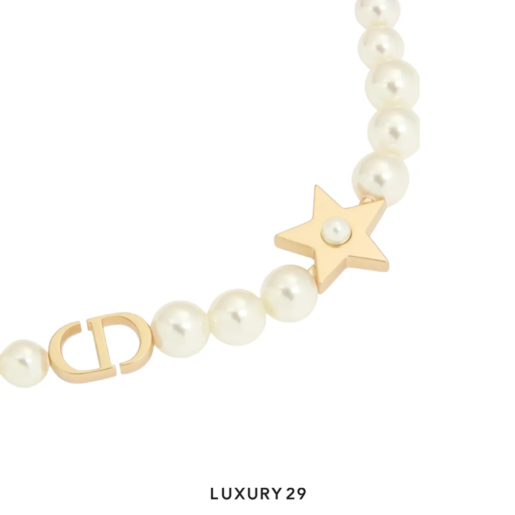 Dior Lucky Dior Bracelet Gold-Finish Metal and White Resin Pearls(Free Size, Gold)