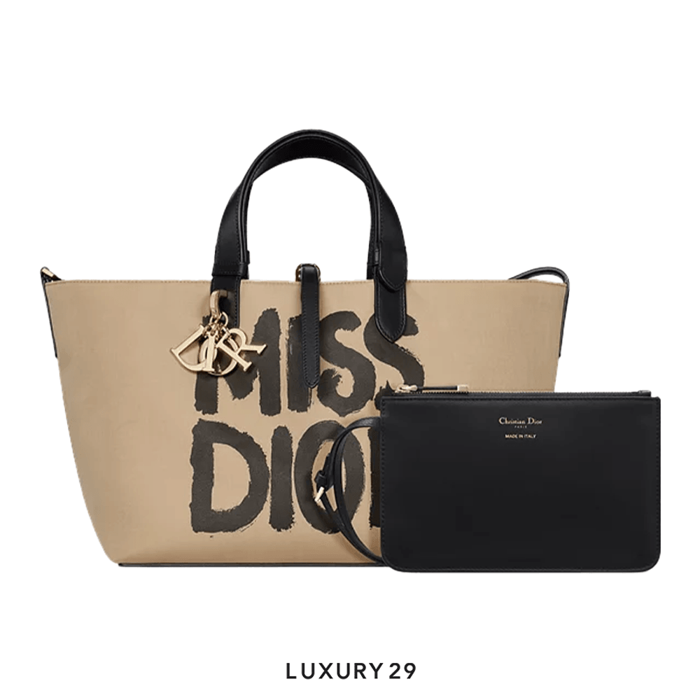 Dior Medium Dior Toujours Bag Beige and Black Miss Dior Graffiti Printed Water-Repellent Fabric(Medium, Neutrals)