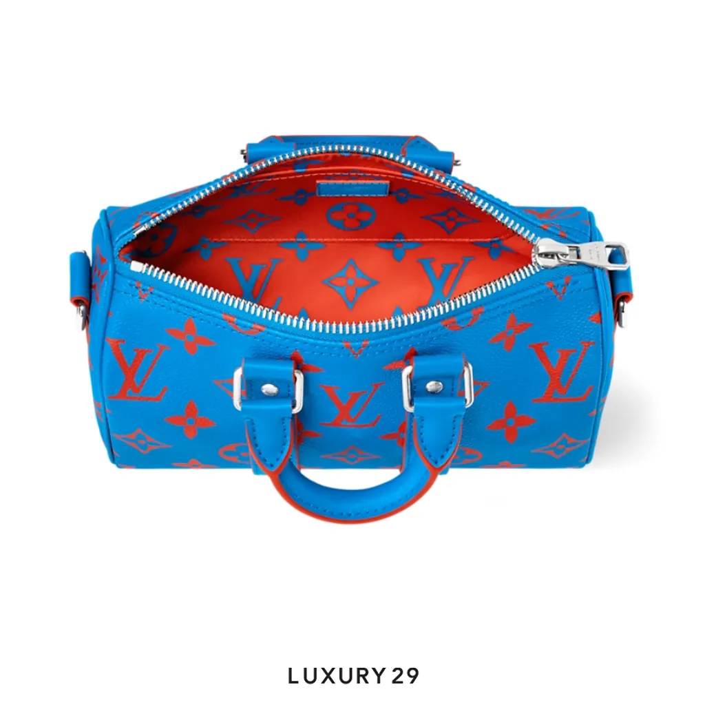 Louis Vuitton LV Keepall Bandouliere 25 Monogram Glow coated canvas Blue red(Small, Blue)