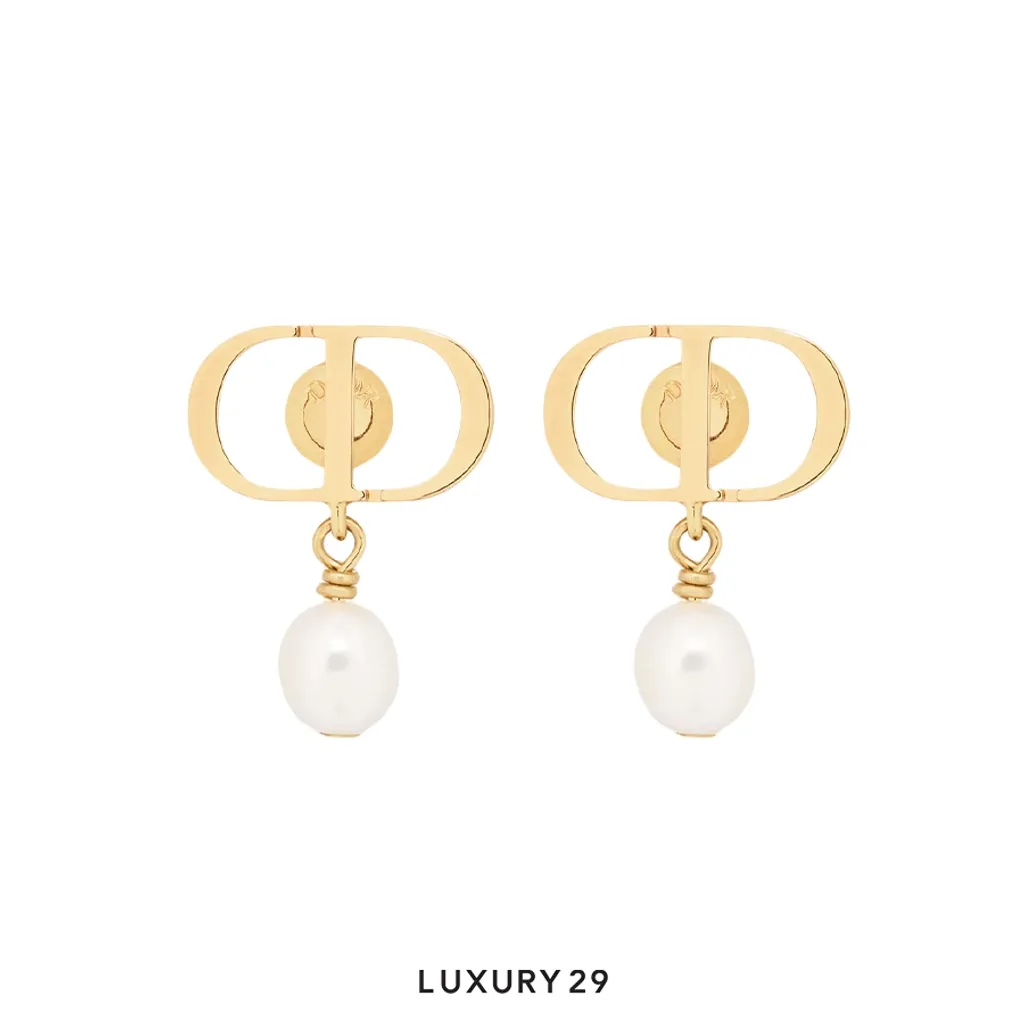 Dior Petit CD Earrings Gold-Finish Metal and White Resin Pearls(Free Size, Gold)