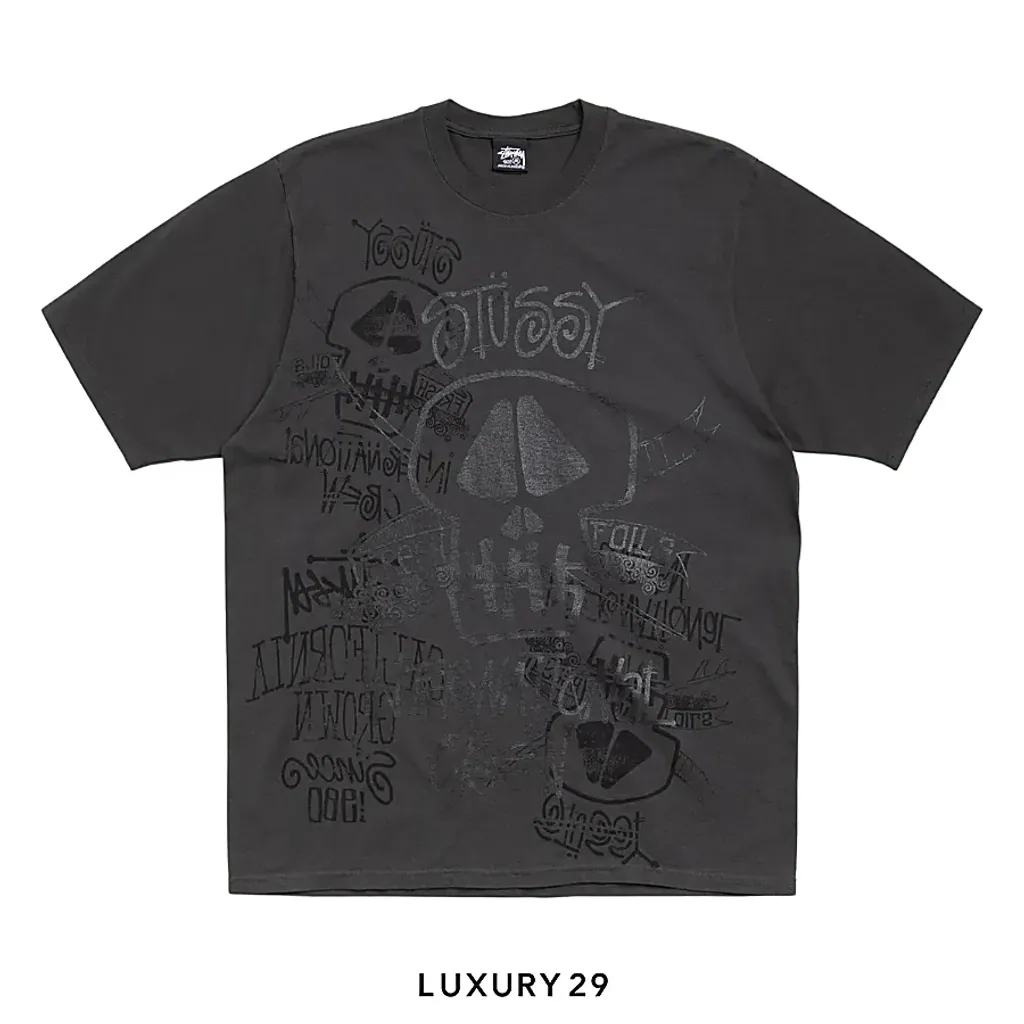 STUSSY SKULLS TEE PIGMENT DYED FADED BLACK(S, Black)
