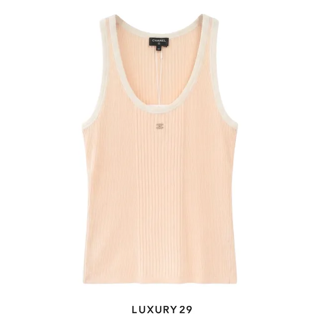 Chanel Coco Beach tank top in a light peach or beige color with Gold and Crytal CC logo