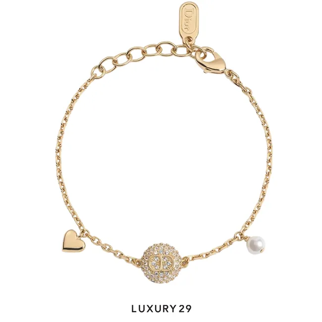 Dior Bracelet CD Disco Métal finition dorée, perle en résine blanche et cristaux