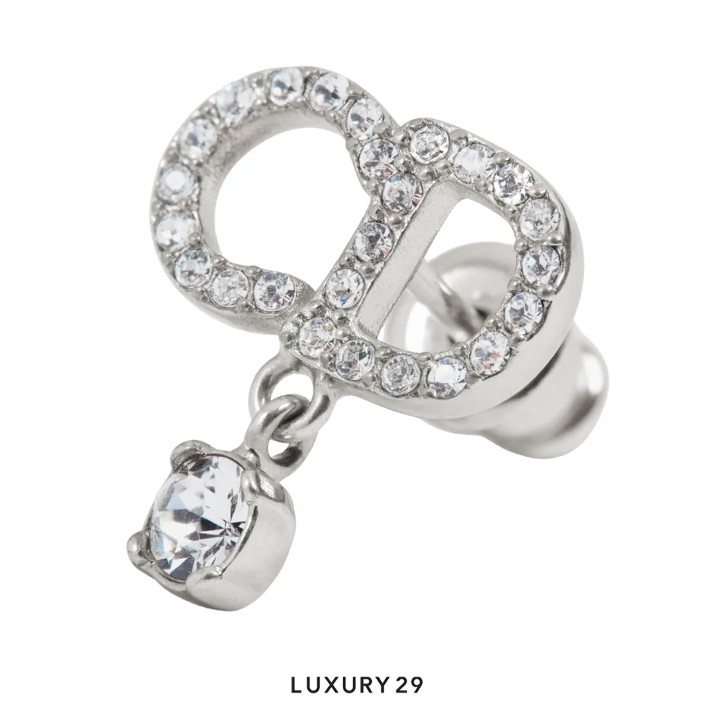 Dior CD Signature Earrings Silver-Finish Metal and Crystals(Free Size, Silver)
