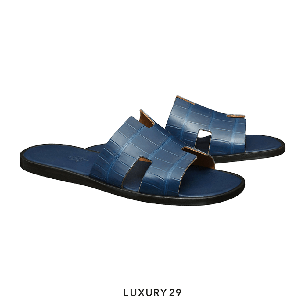 Hermes Izmir Crocodile Slides Blue Crocodile(44, Blue)