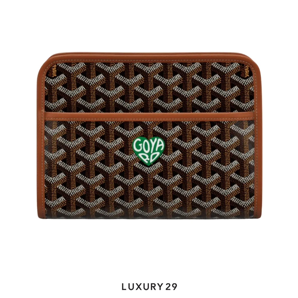 Goyard Jouvence PM Toiletry Bag Black Tan Hand-Painted Heart Green(Small, Brown)