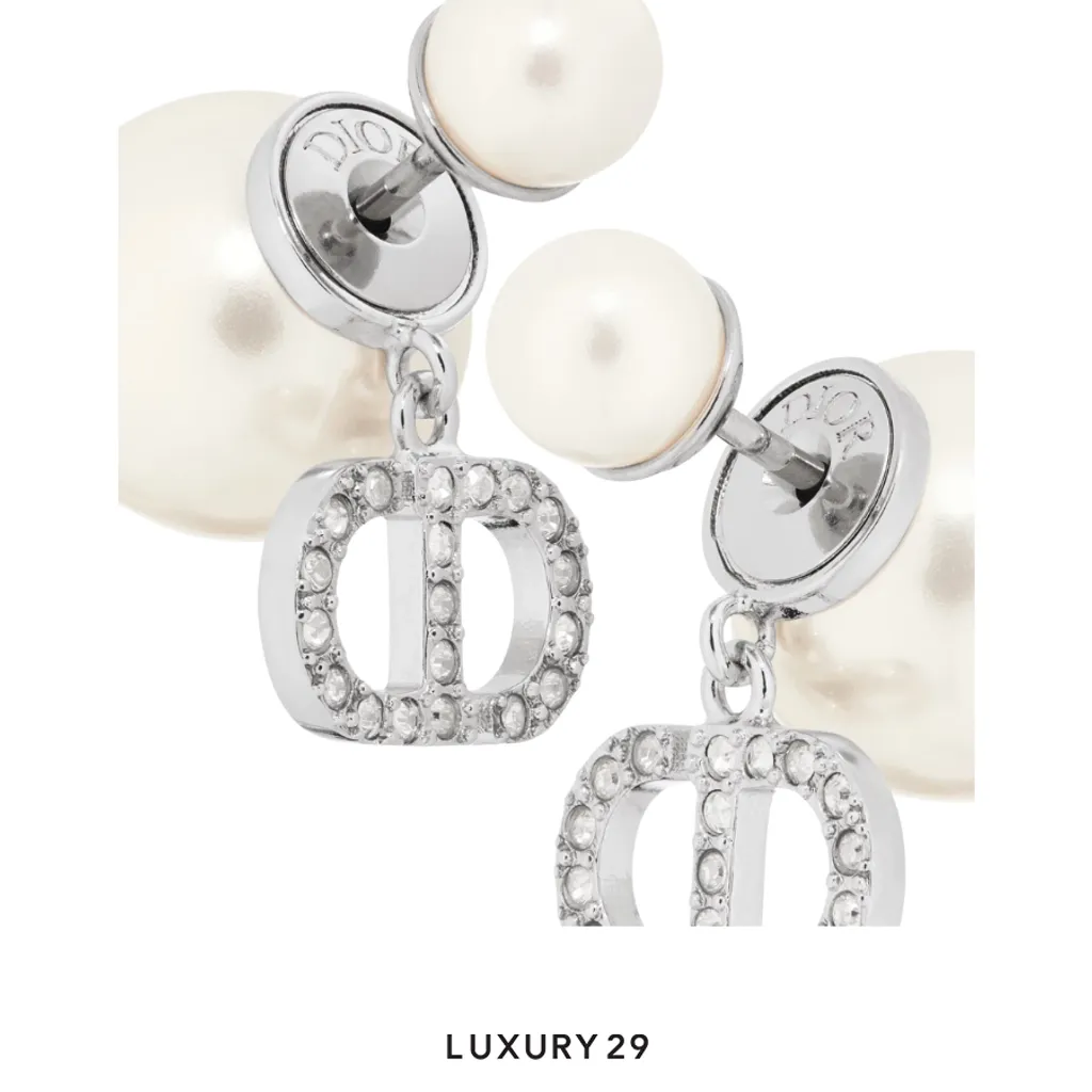 Dior Tribales Earrings Silver-Finish Metal with White Resin Pearls and Silver-Tone Crystals(Free Size, Silver)