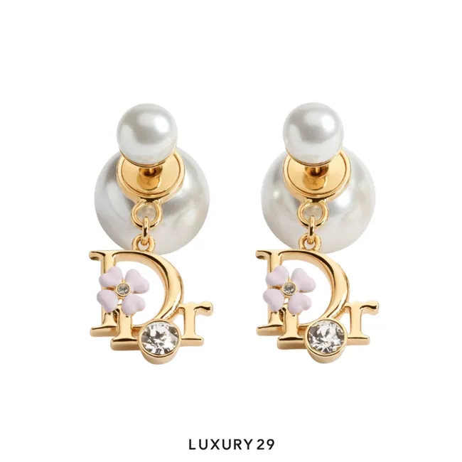 Dior Tribales Earrings Gold-plated metal, white resin pearls, crystals, and pink enamel work