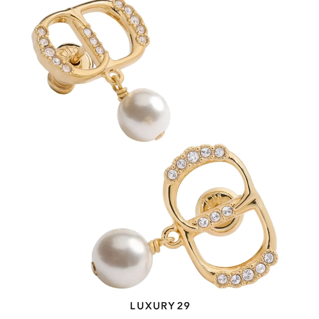 Dior CD Parure earrings Gold-finish metal, white resin pearls, and crystals(Free Size, Gold)