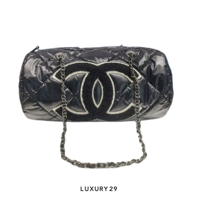 Chanel Large bowling bag Nylon, wool, and silver metal Black/White