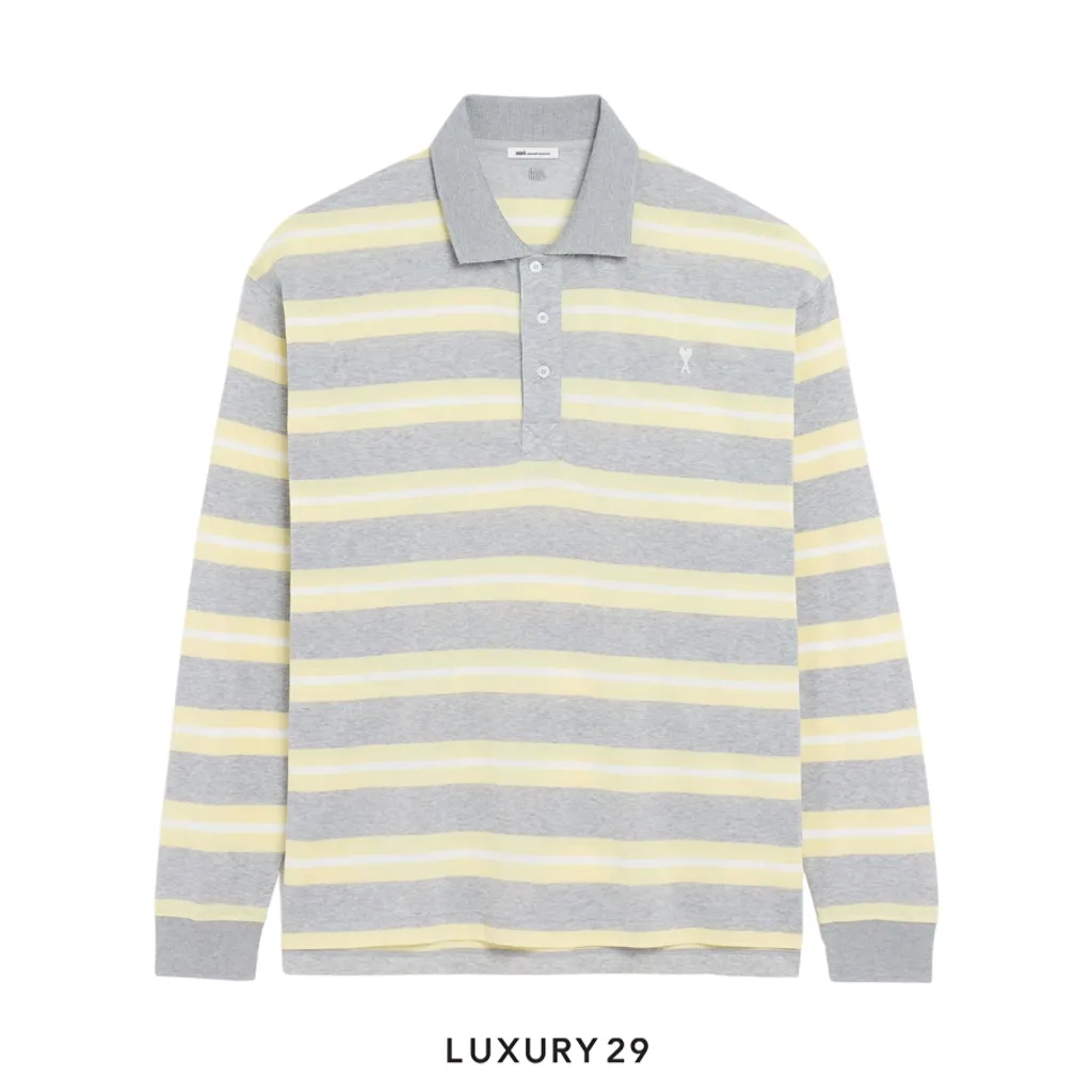 AMI Grey And Yellow Strapped Cotton Polo
Long sleeves polo in striped mercerized jersey(M, Grey)