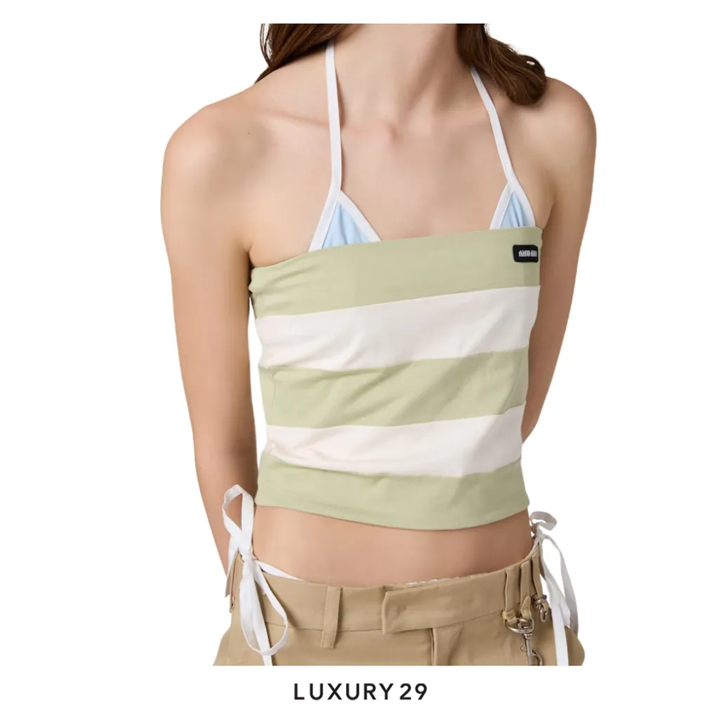 MIU MIU Striped jersey top Pale Rose/Agave(XS, Green)