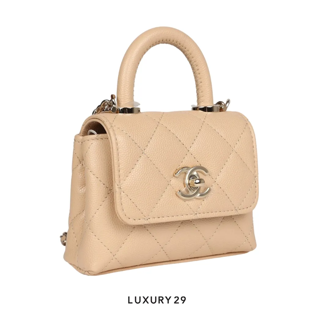 Chanel Nano Coco Top Handle Flap Bag Light Beige Caviar Light Gold Hardware(Small, White)