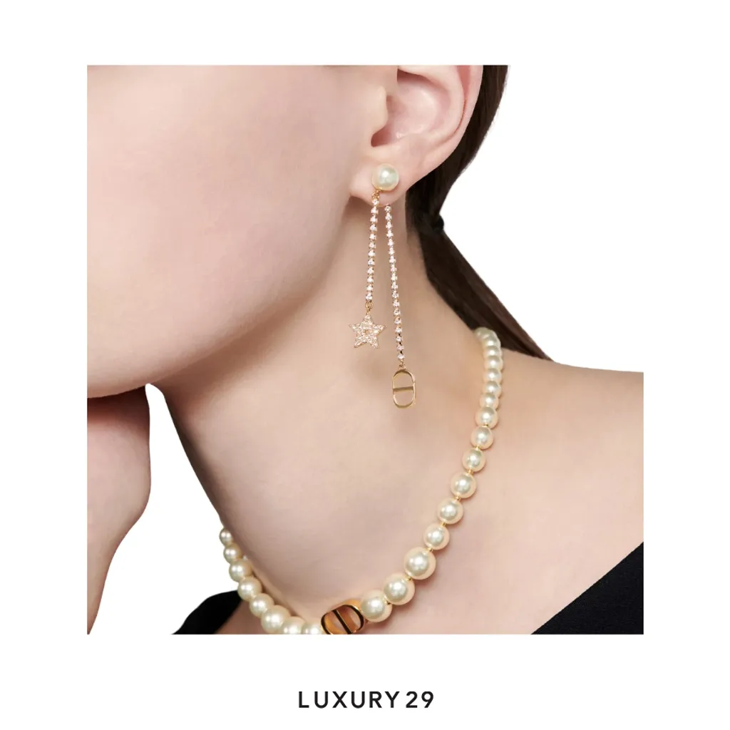 Dior Tribales Earrings Gold-Finish Metal with White Resin Pearls and Silver-Tone Crystals(Free Size, Gold)