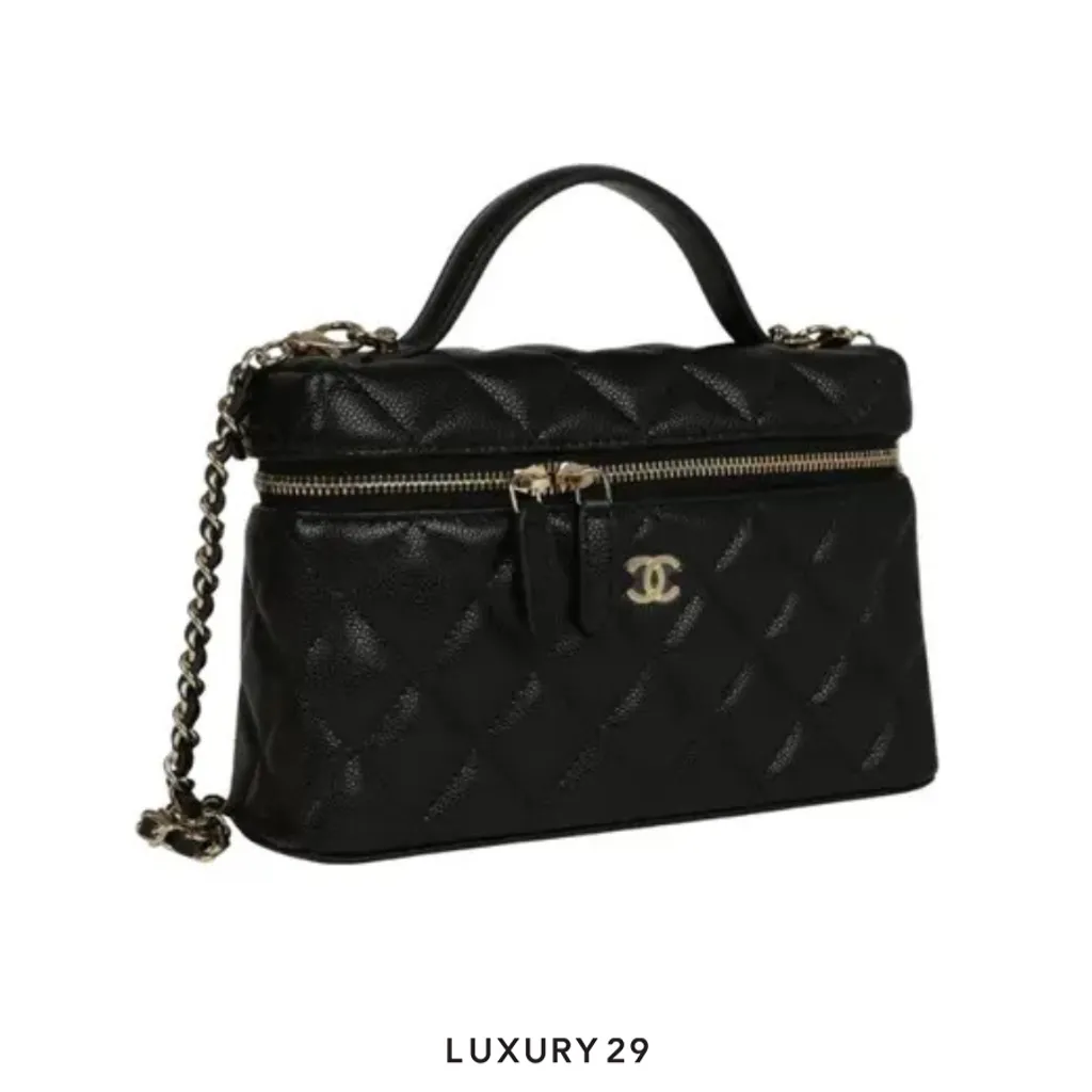 Chanel Top Handle Long Vanity Case with Chain Black Shiny Caviar with Gold-toned Hardware(Small, Black)