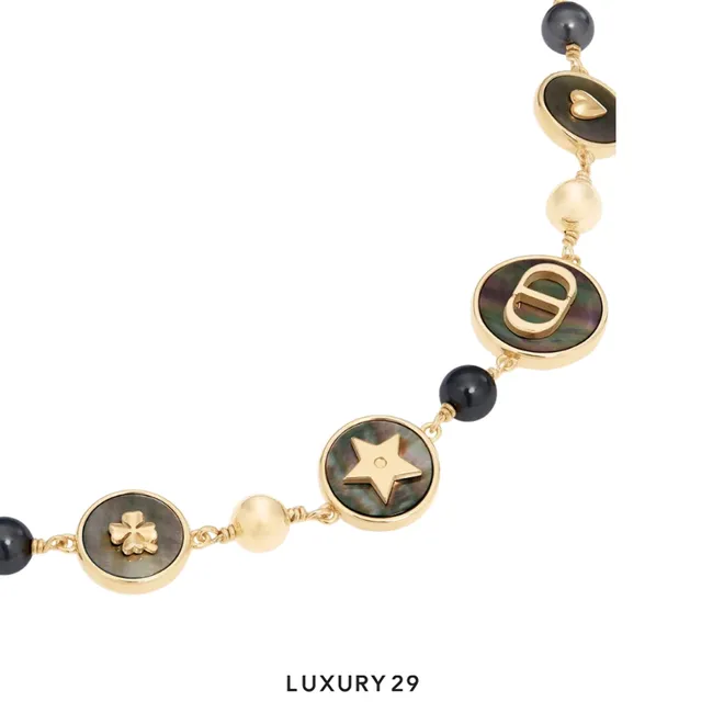 Dior D-Luck Short Necklace Gold-Finish Metal with White and Deep Gray Resin Pearls and Tahiti Mother-of-Pearl