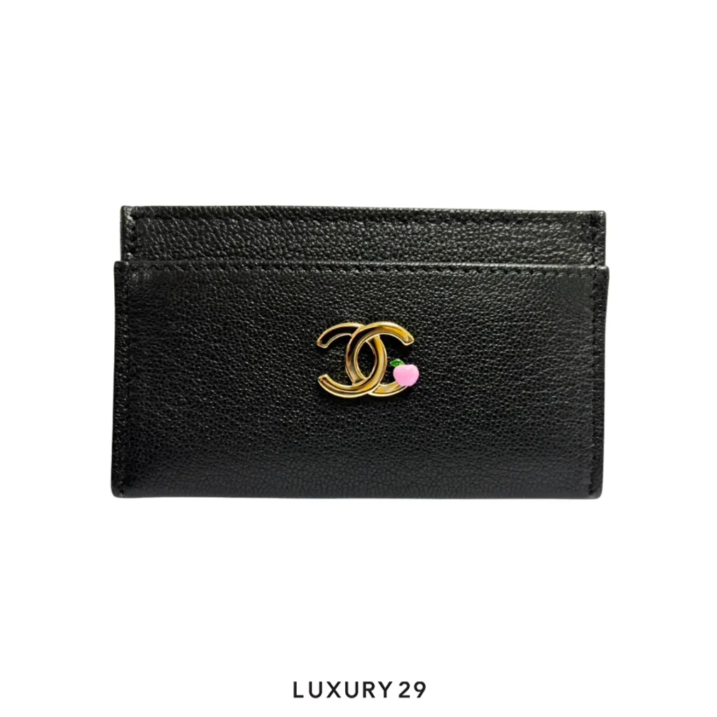 Chanel CC LOGO Card holder Grained goatskin leather and gold-tone metal Black(Small, Black)