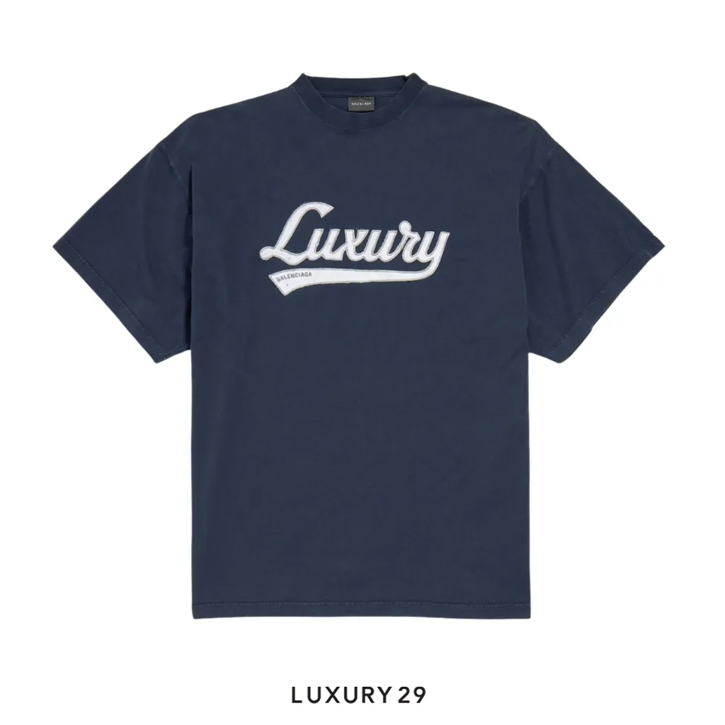 Balenciaga Men's Luxury Script Oversized T-shirt in Washed Navy/white(S, Blue)