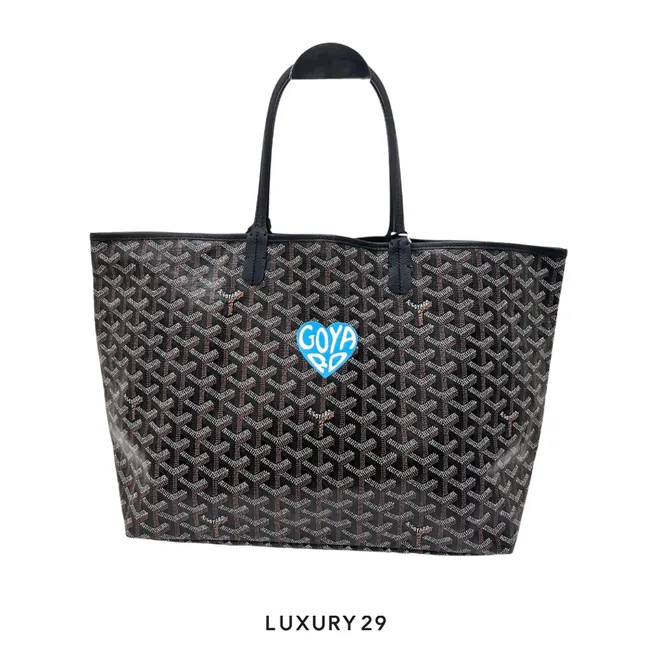 Goyard Saint Louis PM Bag Black Hand-Painted Heart Sky Blue