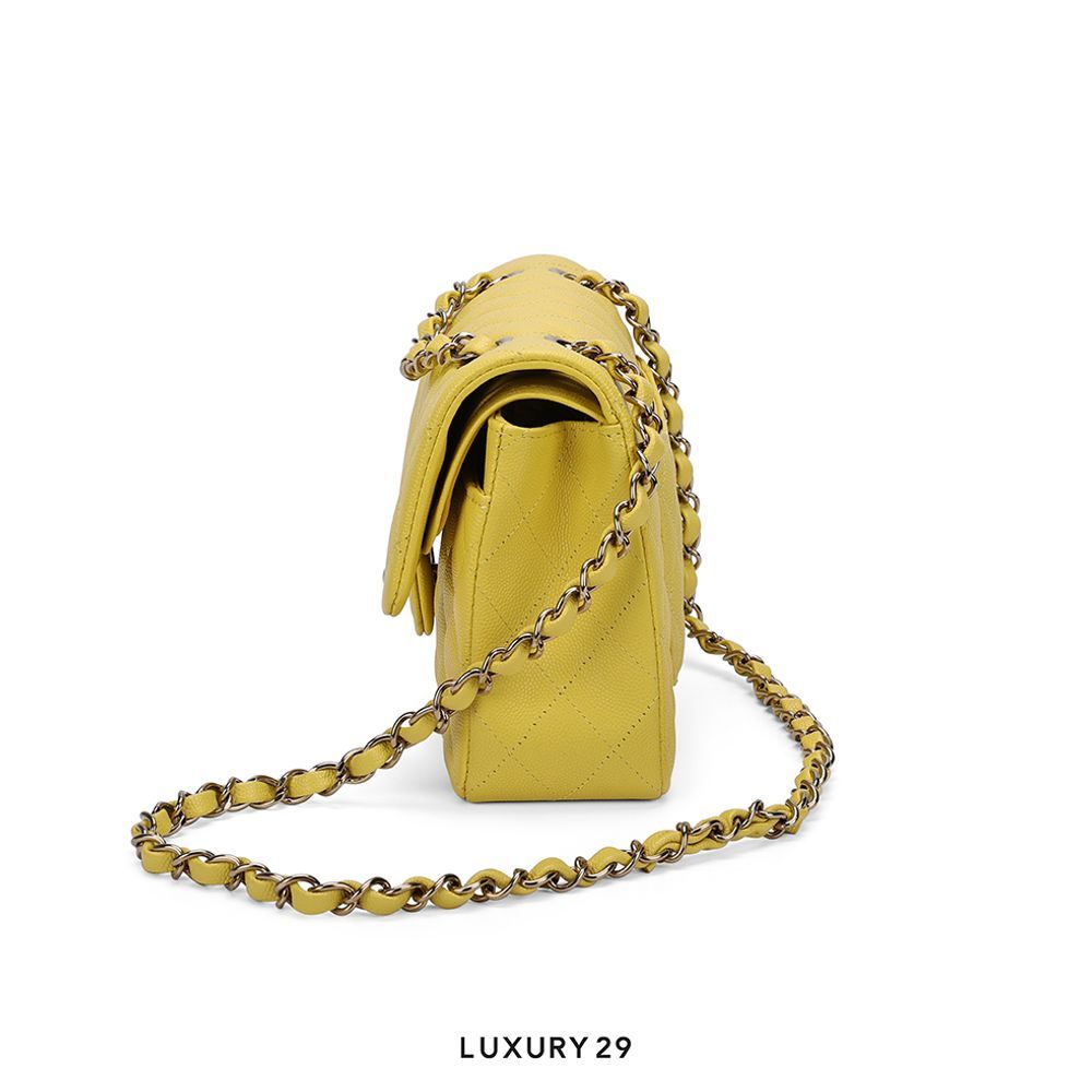 Chanel Small Classic Double Flap Bag Yellow Caviar Light Gold Hardware(Small, Yellow)