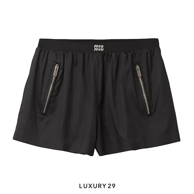 MIU MIU Technical silk shorts with printed logo Black