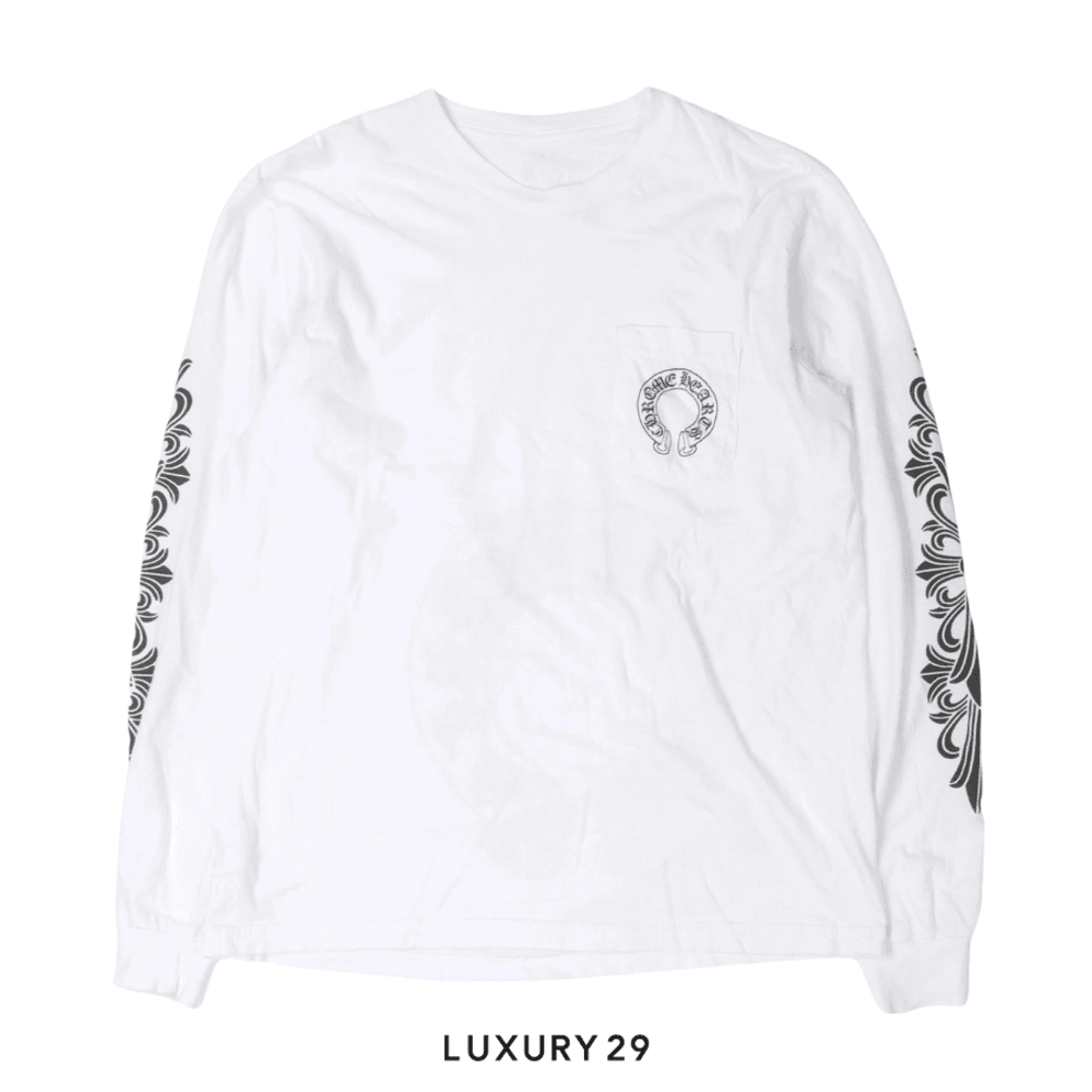 Chrome Hearts Horseshoe Logo Floral Long Sleeve Pocket T-Shirt(L, White)